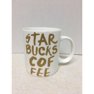 Starbucks 2015 Coffee Mug 12 oz White w/ Gold Graffiti Letters Starbucks Coffee